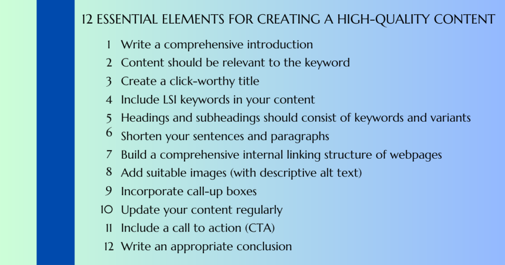A list of the essential elements for creating a high-quality content.