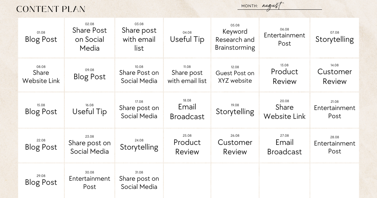 An example of a monthly content calendar for content marketing.